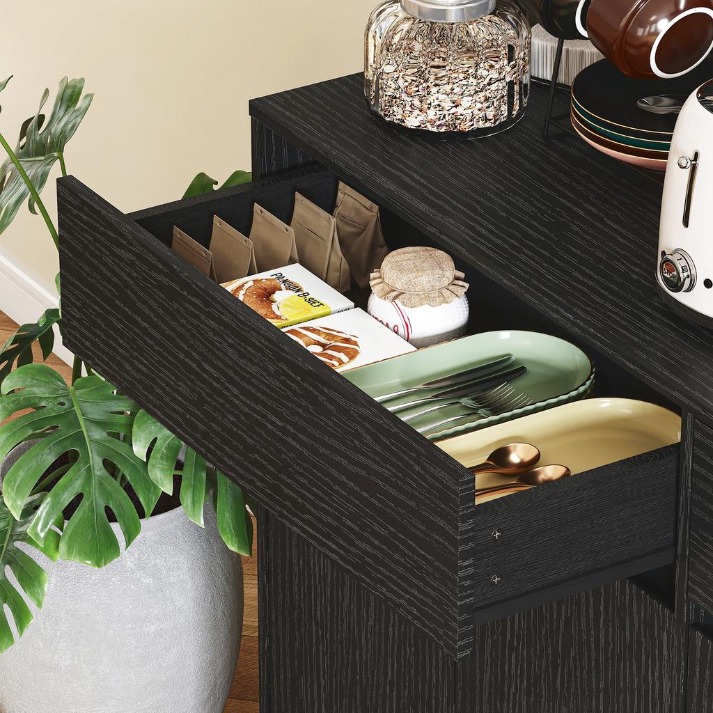 Credenza da cucina a buffet con piano di lavoro, 6 ante, Armadio alto contenitore con ripiani, Nero