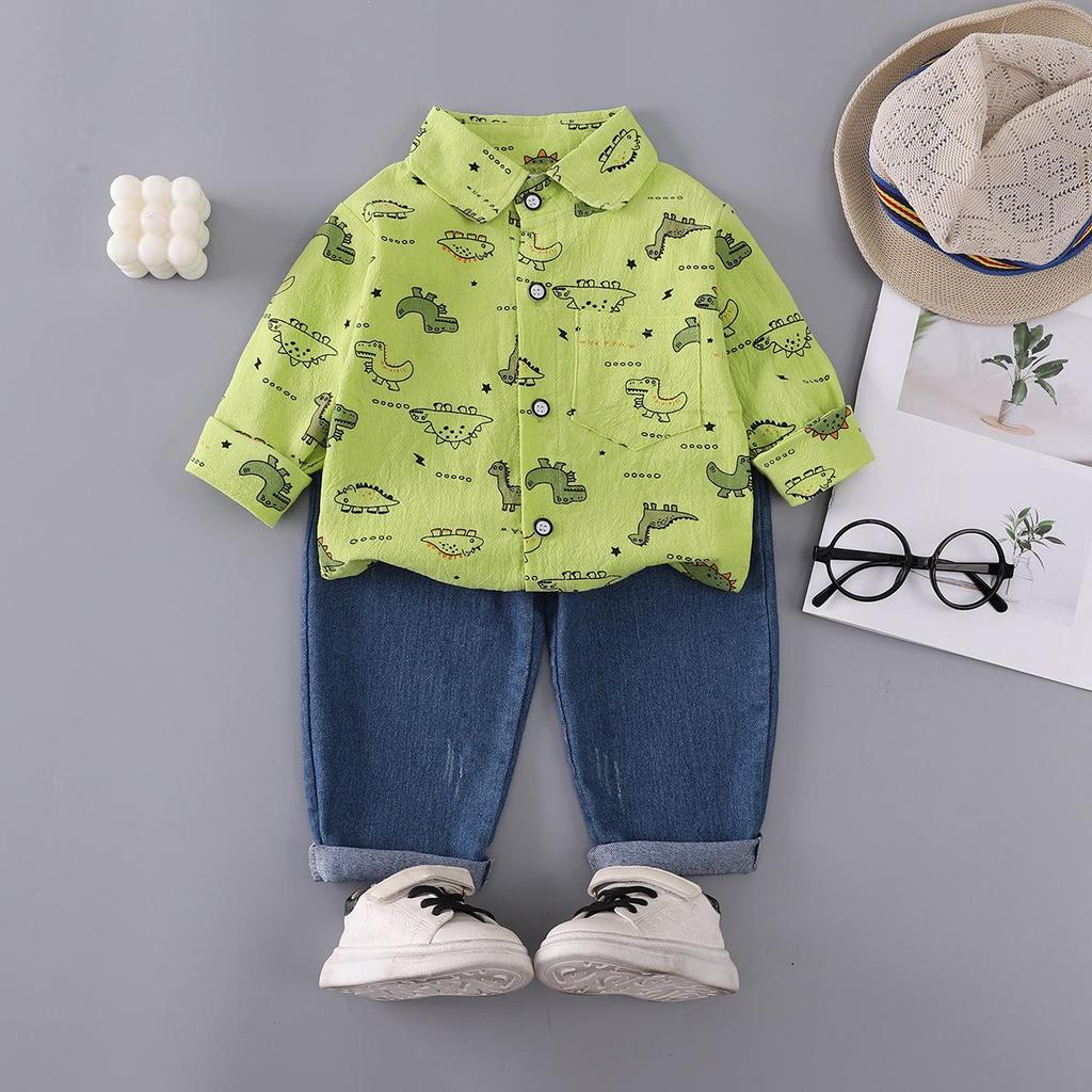 Boys' Dinosaur Print Two-Piece Set: Lapel Long Sleeve Top & Elastic Denim Pants