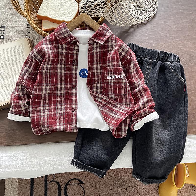 Boys' 2025 Korean Style Plaid Two-Piece Set: Long-Sleeve Casual Shirt for Kids