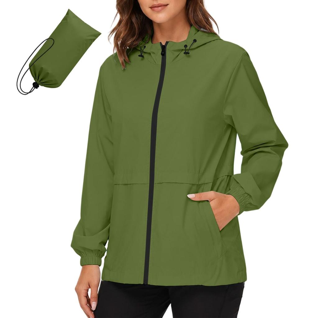 Women's Waterproof Windproof Hooded Jacket Lightweight Outdoor Raincoat Full Zip Front Pockets Adjustable Drawstring Hood