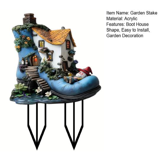 Gnome Boot House Garden Stake, 2D Acrylic Shoe House Yard Stake, Decorative Yard Sign for Outdoor Courtyard Lawn Pathway Patio