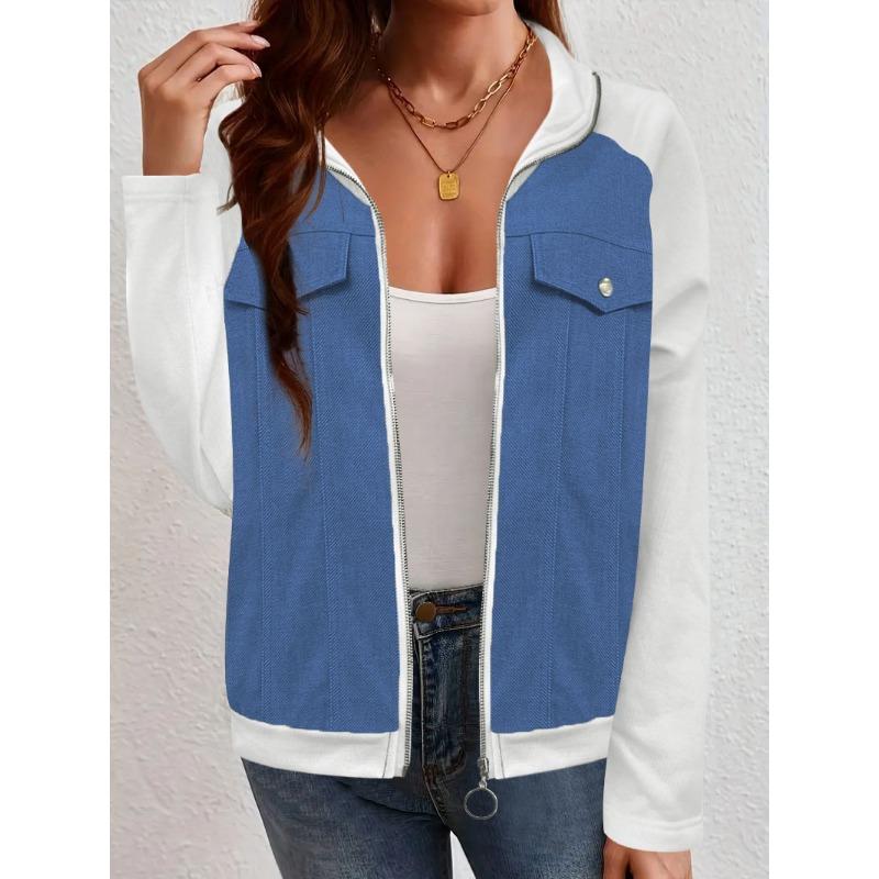Women S Casual Color Block Zipper Jacket For Autumn Winter