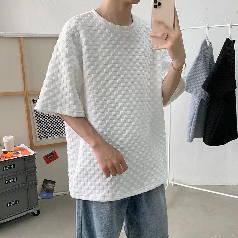 

Мужская вафельная футболка с коротким рукавом в гонконгском стиле 2023 года, модный свободный крой, дизайн с рукавом до локтя. Extra Large белый