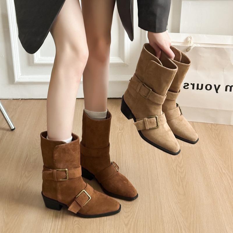 Niche design retro thick heel short boots women's boots new medium boots small square head western boots