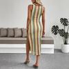 Summer New Style Colorful Striped Crocheted Round-neck Vest Sleeveless Fitted Dress for Women