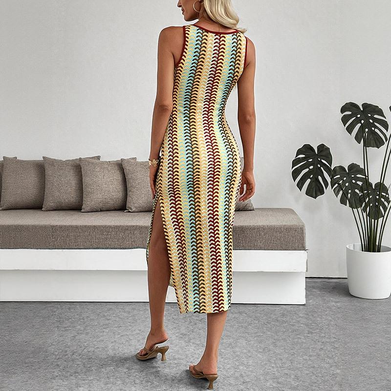 Summer New Style Colorful Striped Crocheted Round-neck Vest Sleeveless Fitted Dress for Women