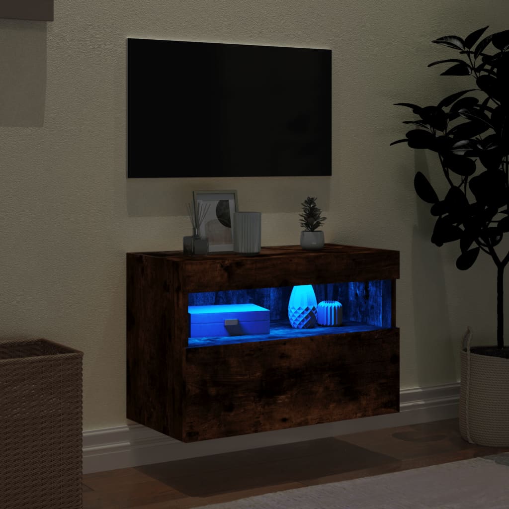 Wall Mounted TV Cabinet with RGB LED Lights Smoked Oak Finish 60 x 30 x 40 cm