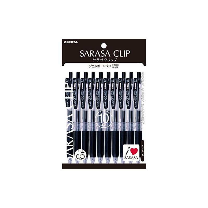 Zebra Sarasa Clip Gel Ballpoint Pen, 0.5mm, Black, 10 pens, P-JJ15-BK10