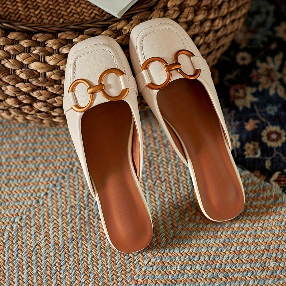 

Женские мюли с металлической пряжкой, стильные туфли без застежек на плоской подошве с квадратным носком, универсальные лоферы с открытой спиной 43 бежевый