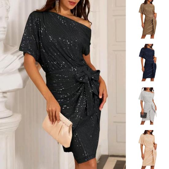 Women's Sexy Sequins Bodycon Dress Glitter One Shoulder Ruched Mini Dress Sparkly Cocktail Party