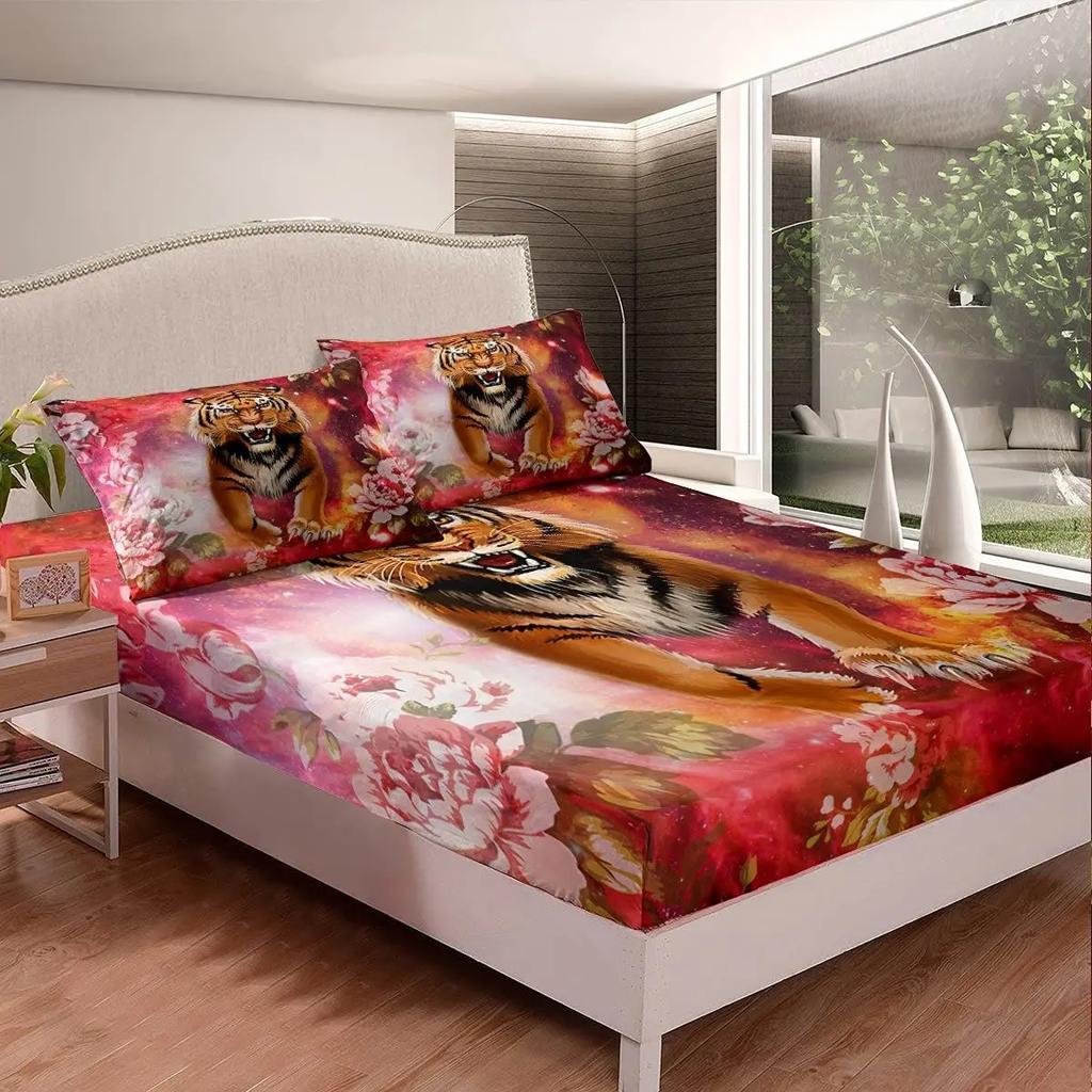 White Tiger Fitted Sheet Queen Size Flowers and Tiger Print Bedding Set for Teens Children Gift Wildlife Animal Floral Theme