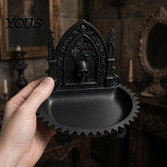 Dark Niche Desk Decor Church Carving Design Storage Box, Matte Black Desktop Organizer for Rings Gothic Home Ornament Bracelets Goth Decor, Style Tray