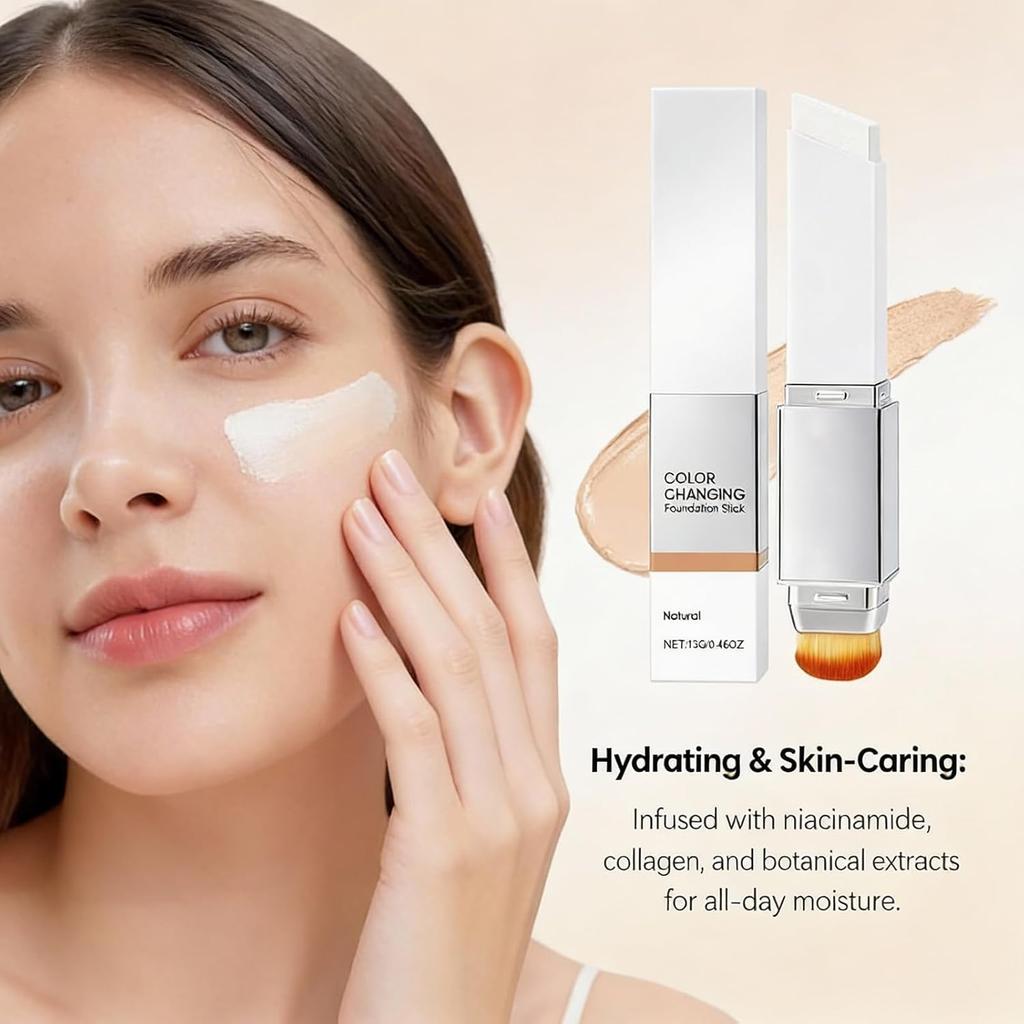 Color-Changing Foundation Stick, Dual-Ended Korean Skin Care Foundation Stick, Detachable Brush, Full To Medium Coverage Base Hydrating Makeup Portabl