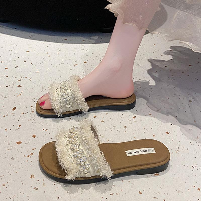 CRLAYDK Women's Flat Sandals Open Toe Pearl Rhinestone Beach Slippers for Summer Ladies Casual Dress Slip On Slides