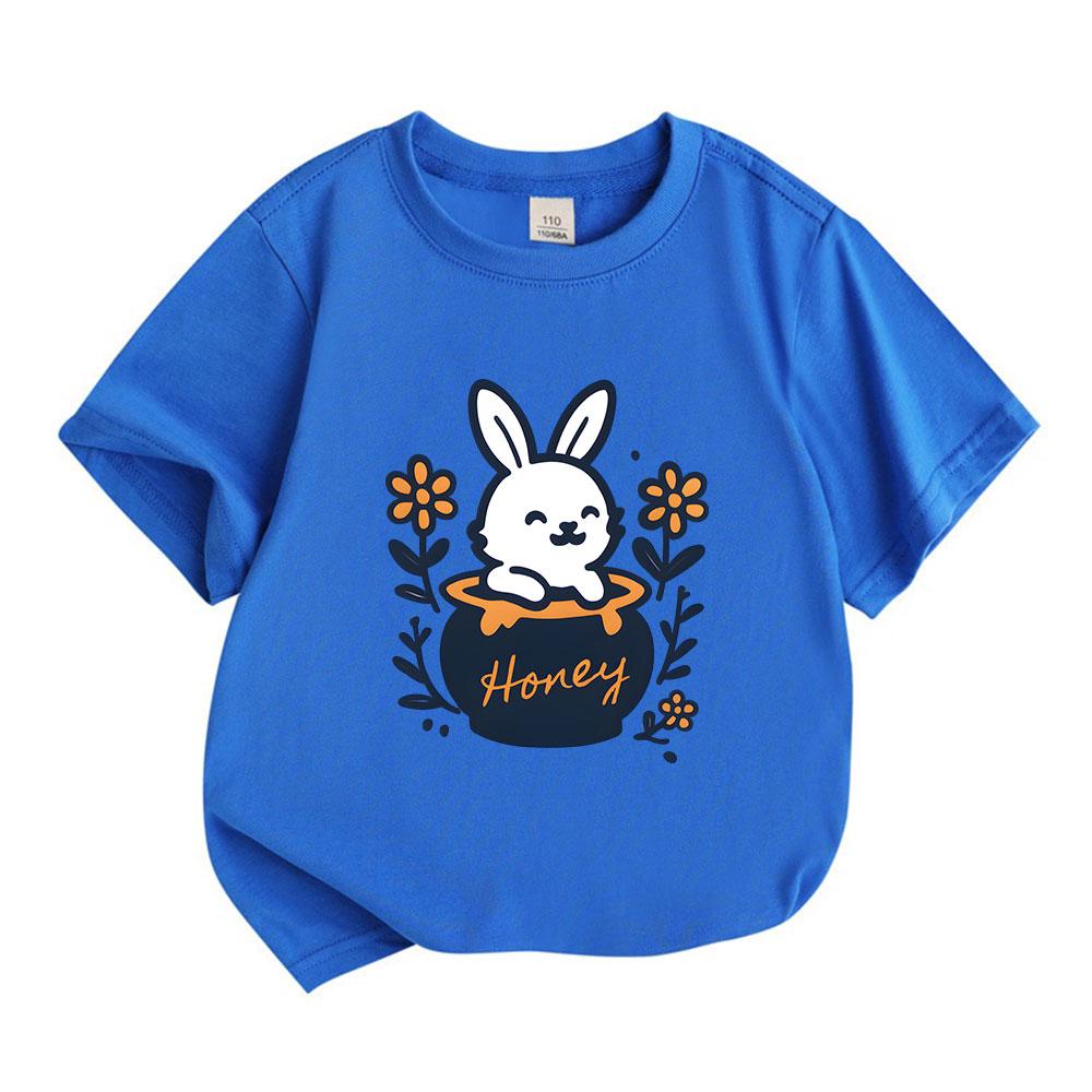 Kids Boys Girls 100% Cotton Crew Neck Short Sleeve T-Shirt, Cute Smiling White Bunny In Honey Jar Floral Print Casual Soft Tee for Children Daily Wear