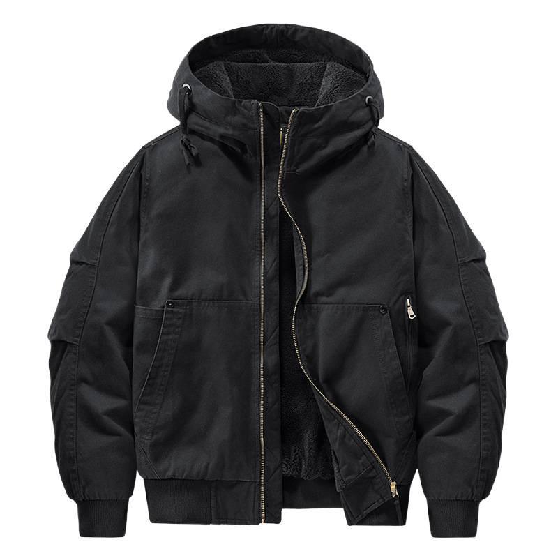 Herren Arbeitsjacke mit Kapuze aus reiner Baumwolle, Herbst/Winter, mit Samtfutter, Verdickt, Lockerer Schnitt, Übergröße, Stil 6836.