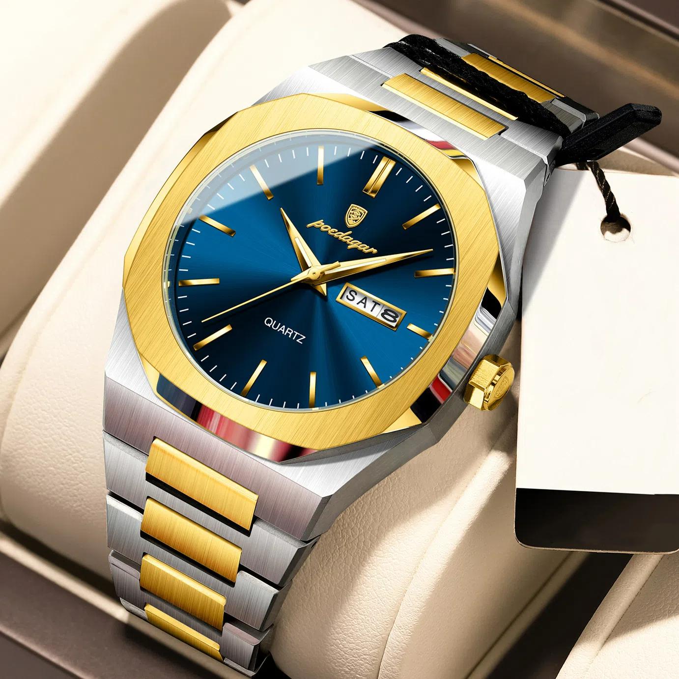 

POEDAGAR Лучшие роскошные мужские часы водонепроницаемые светящиеся календарные мужские наручные часы спортивные кварцевые мужские часы из нержавеющей стали золотой/синий