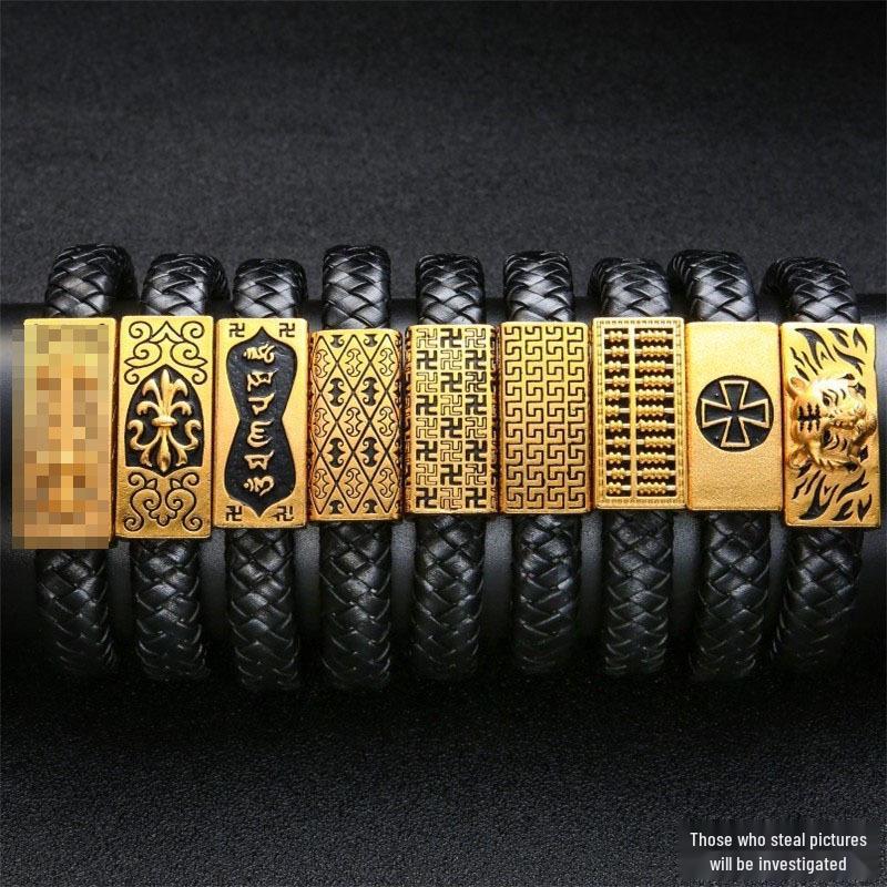 Vietnam Sandgold Persönlichkeit Ruyi Abakus Lederarmband für Männer - Dominanter Ethnischer Stil, Vergoldet.