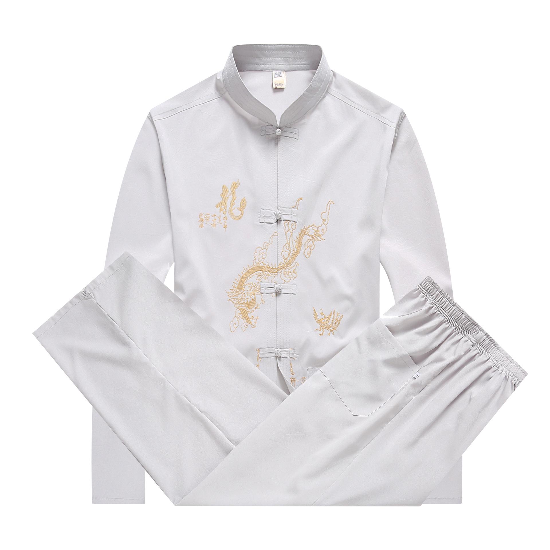

Men s Autumn Tang Suit: Embroidered Frog Button Stand Collar Long-Sleeve Tai Chi Shirt Set Small