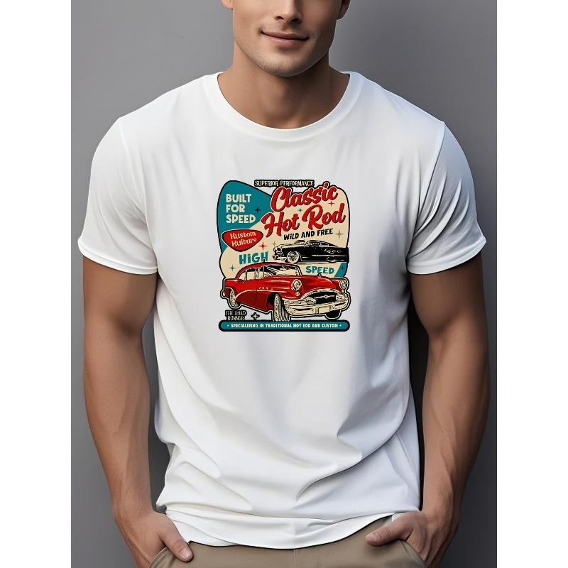 Herren Hot Rod Rot Oldtimer Trendige Streetwear Sommer Lässig Rundhals Kurzarm T-Shirt
