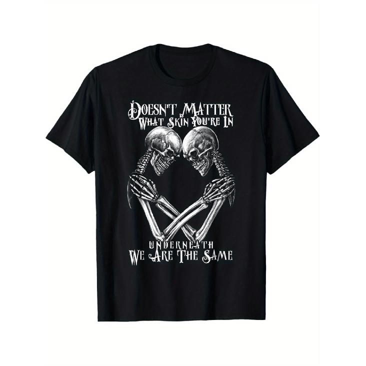 Men s & Women s Gothic Black Skull & Skeletal Hands T-Shirt - Heavyweight 180gsm 100% Cotton Unisex Equality Slogan Tee with Interlocking Skeleton & S чёрный