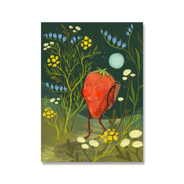 Funny Vintage Poster Frog Ride Bicycle Art Print Mushroom Strawberry Flower Dandelion Wall Art Canvas Painting Home Decor No Frame