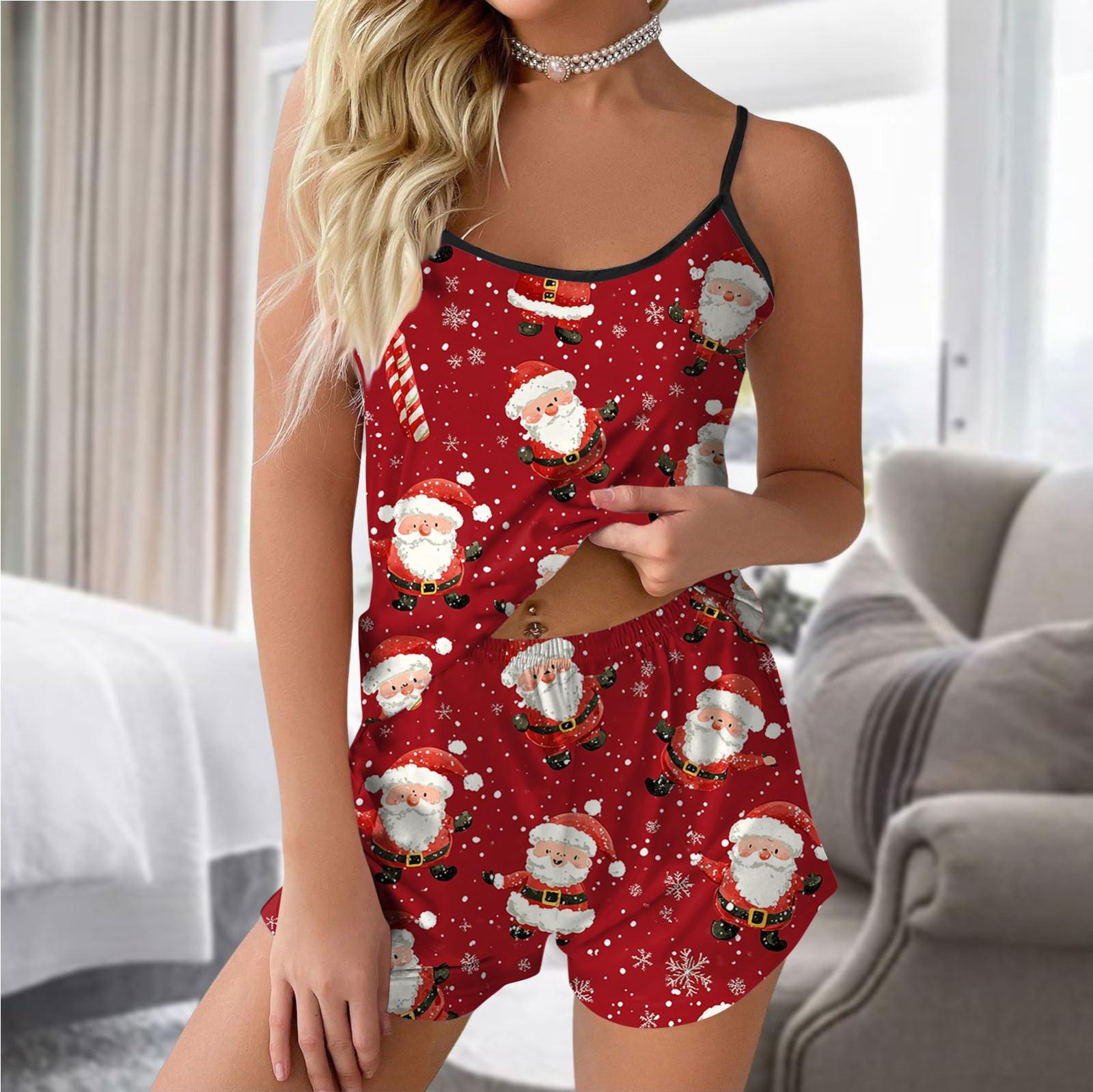 

Женская мода повседневный безрукавный топ шорты пижамный комплект с рождественским принтом S красный