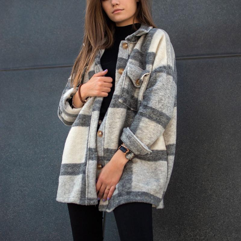 

2020 Fall/Winter Plaid Long-Sleeve Lapel Loose Women s Jacket M сірий колір