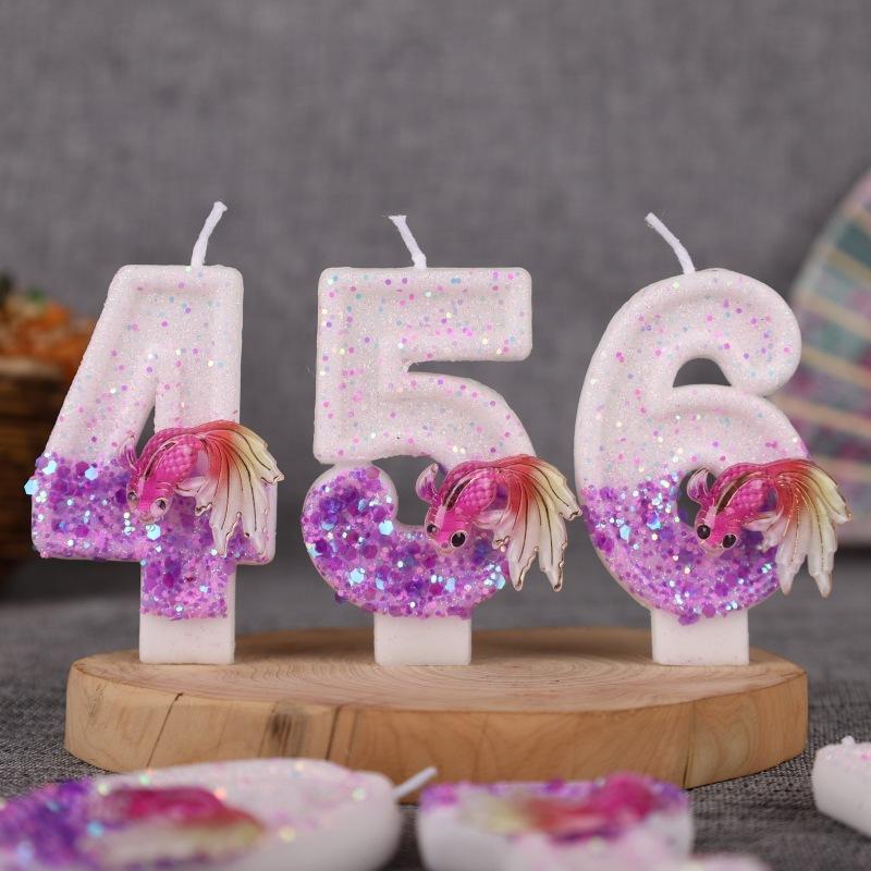 Gradient Pink and Purple Goldfish Digital Birthday Handmade Candle Cake Decoration First Birthday Diy0-9