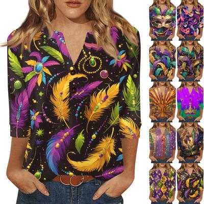 Women's Carnival Printed Fashionable Casual V-neck Button Seven Inch Sleeve T-shirt Top
