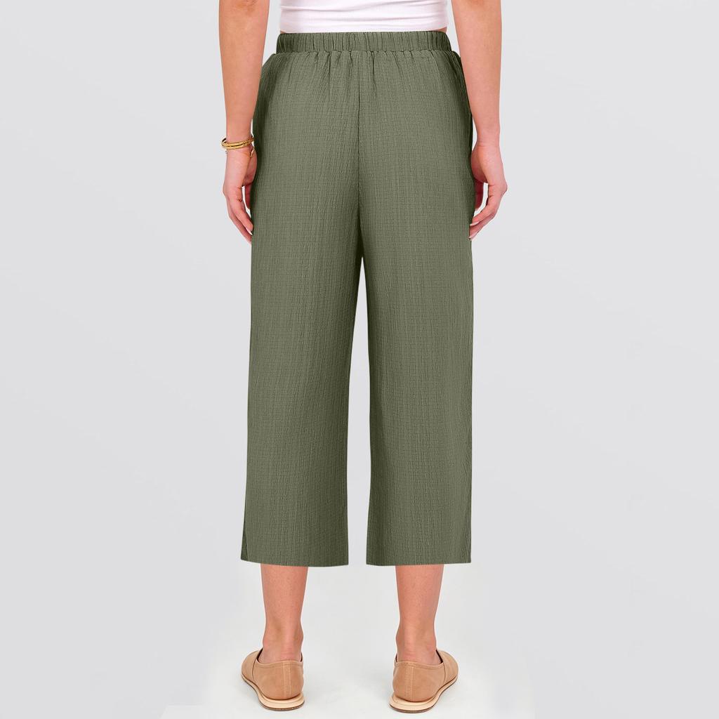 Women Drawstring Waist Wide Leg Pants Loose Fit Cropped Trousers Lightweight Elastic Waistband Casual Style
