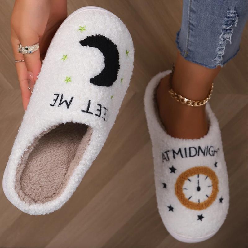 Modne kapcie z futra ze wzorem zegara księżycowego, damskie, modne, z imitacji wełny jagnięcej, bawełniane kapcie domowe, damskie, zimowe, ciepłe, antypoślizgowe, pluszowe klapki, dla pań