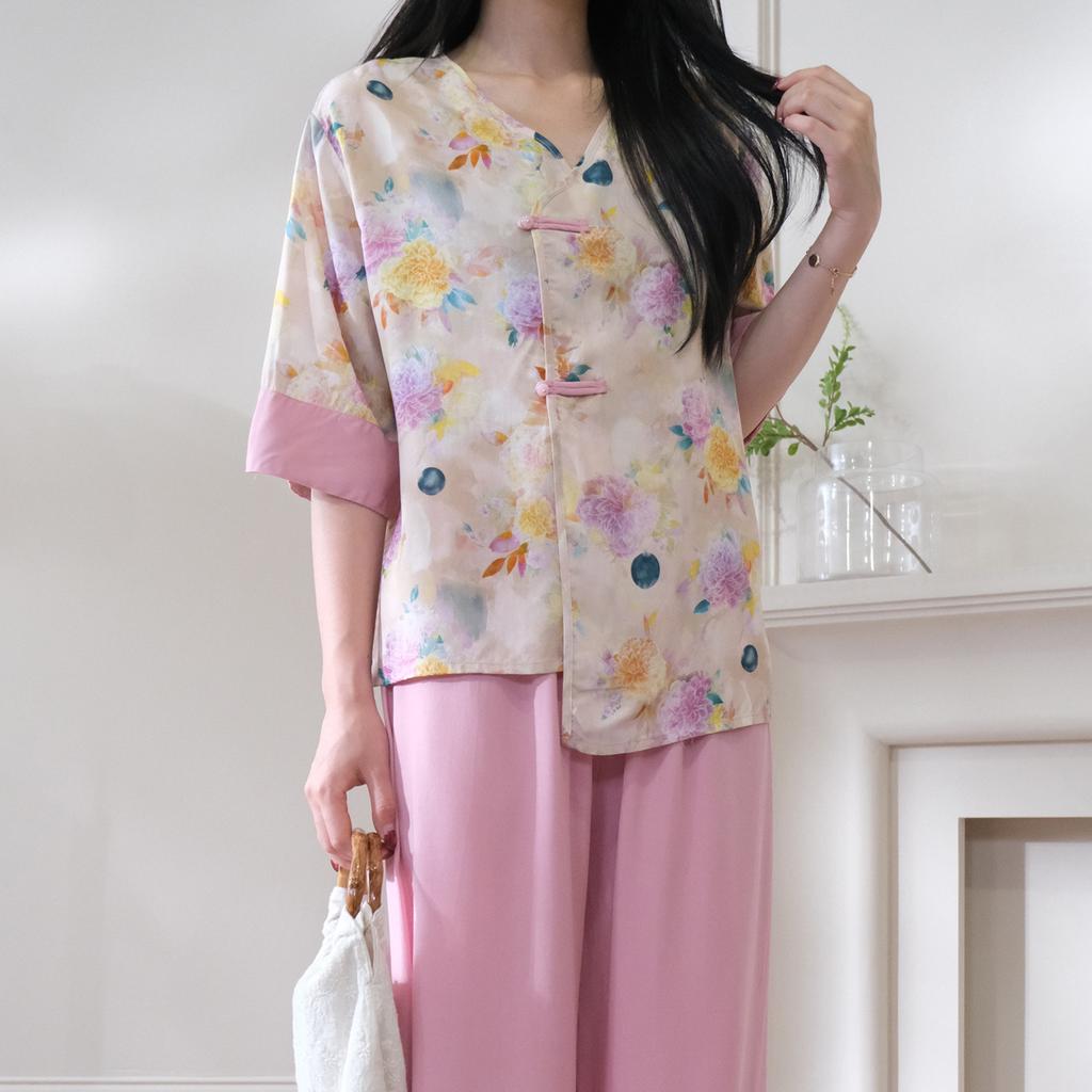 Button national style cotton silk pajamas women can wear cotton and silk suits in summer, retro printing can wear thin loungewear