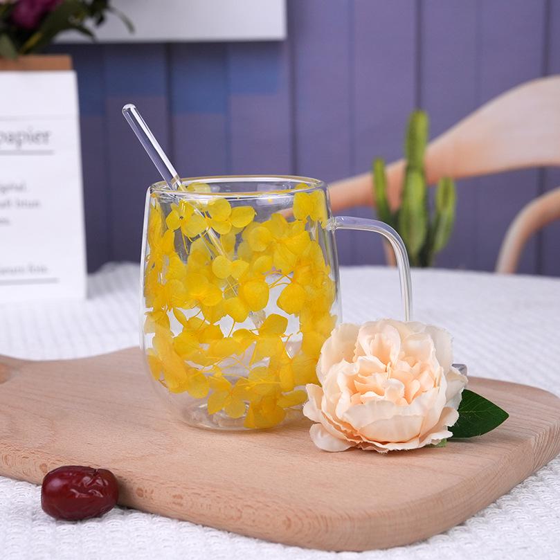 Luxury Double-Layer Glass Cup with Real Flowers and Quicksand Design