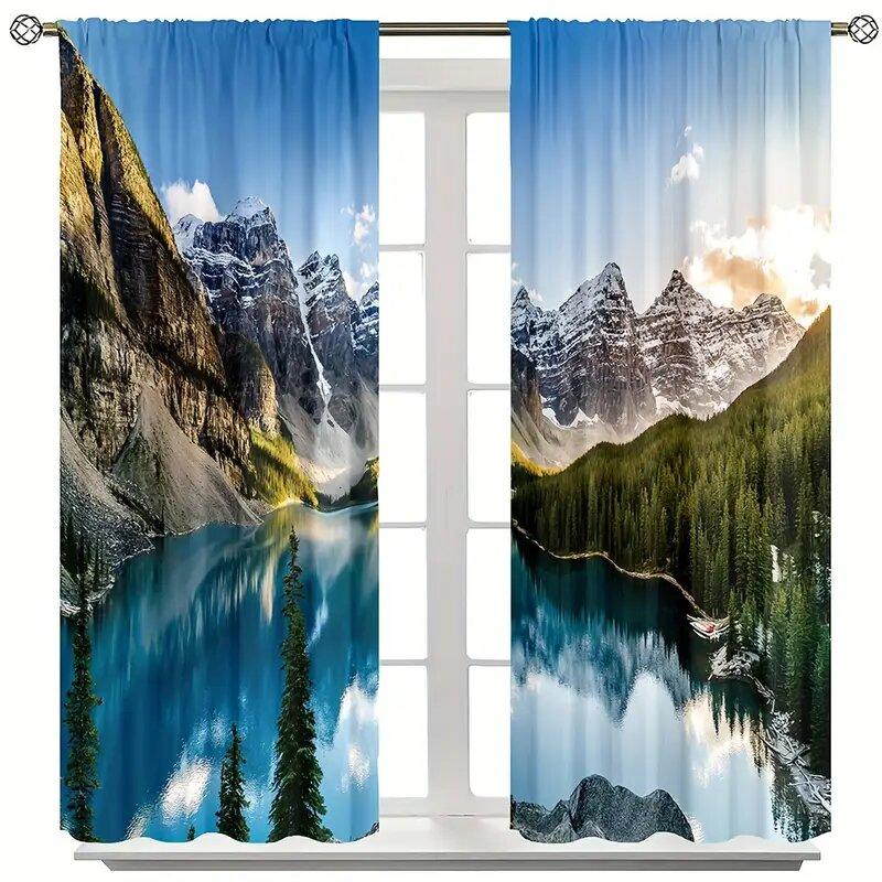 2pcs -Snow-capped Mountains, Forests and Lake Landscapes Print Curtains, Pole Bag Curtains, Home Decoration, Room Decoration