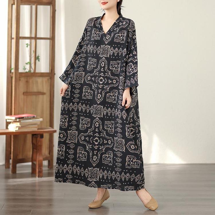 Vintage Floral Maxi Dress Plus Size Women Long Sleeve Oversize Loose Basic Spring Summer  New