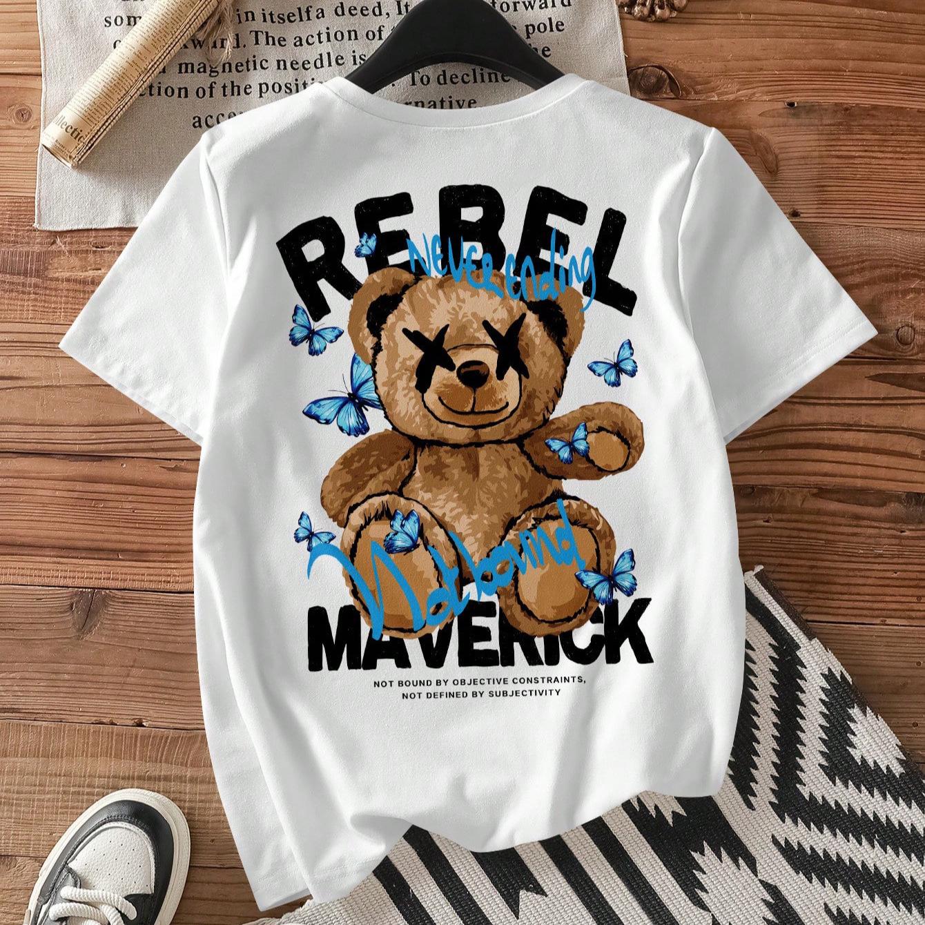 

Butterfly Bear Print Casual Slimming Round Neck T-shirt Small белый