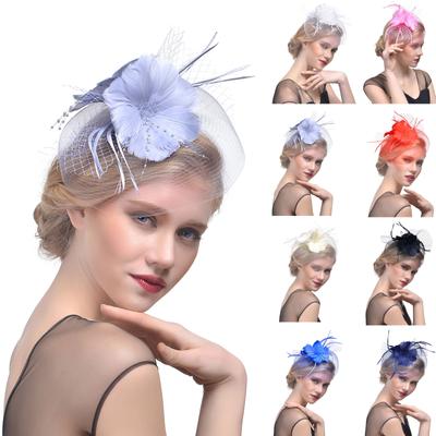 Women Flower Mesh Ribbons Feathers Headband Cocktail Tea Party Hat Headwear