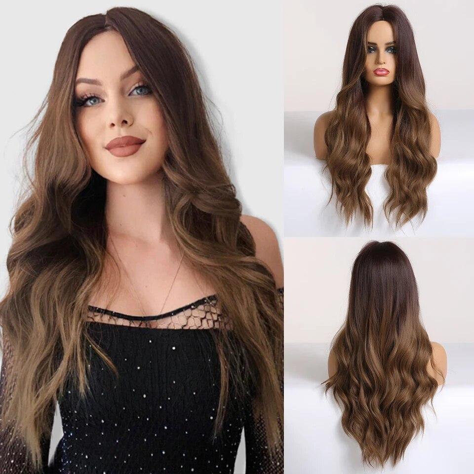 Μακριές καφέ Ombre συνθετικές περούκες για γυναίκες Φυσικά μαλλιά κυματιστές περούκες μεσαίου μέρους Γυναικεία περούκα Cosplay ανθεκτικές στη θερμότητα περούκες από ίνες
