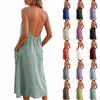 Women's Fashionable Casual -Color -Neck Backless Dress With Pockets