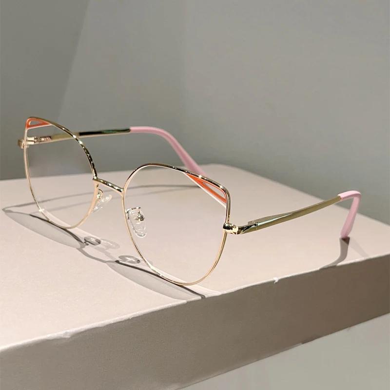 Oversized Cat Eye Glasses Women New Vintage Metal Rim Blue Light Blocking Eyeglasses Trendy Fashion Design Optical Frames