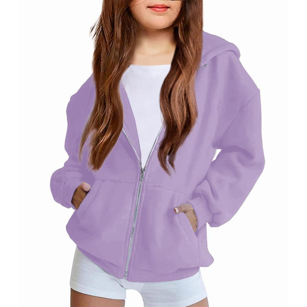 Children's Relaxed-Fit Zipper Hooded Sweatshirt Jacket Solid Color Hoodie With Pockets