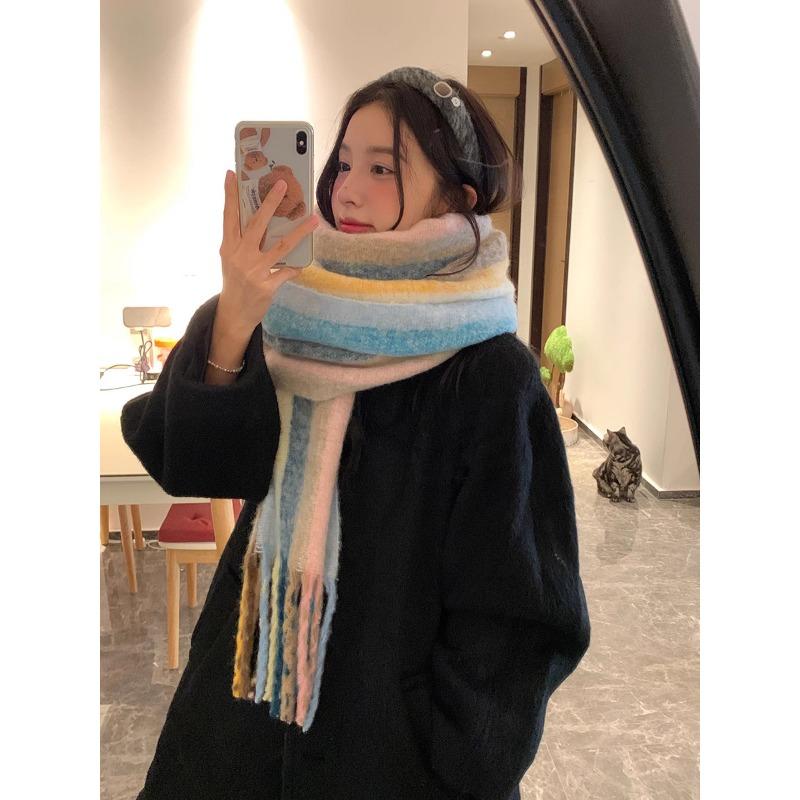 

Rainbow Mohair Plush Fringed Scarf Warm Shawl Premium Sense Thickened Versatile Contrast Color Striped Scarf 200*80cm