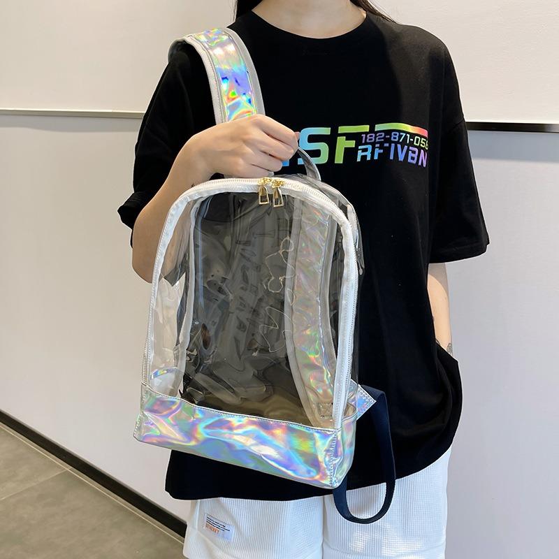 Zaino in PVC trasparente da donna, jelly, a righe, patchwork, laser, borsa da scuola, zaino alla moda per studenti di scuola media, borsa da spiaggia