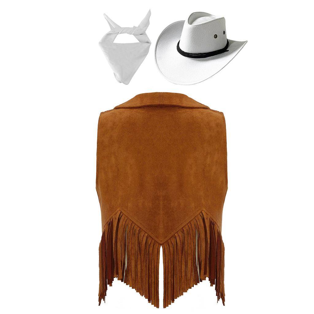 Kids Cowgirl Vest Suede Fringe Tassel Western Costume Set with Bandana Hat for Halloween Rodeo Role Play