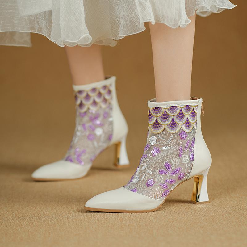 Krazing Pot Cow Skin Pointed Toe Summer Boots Fashion Air Mesh Bling Patch Appliques High Heels Embroidery Ankle Boots