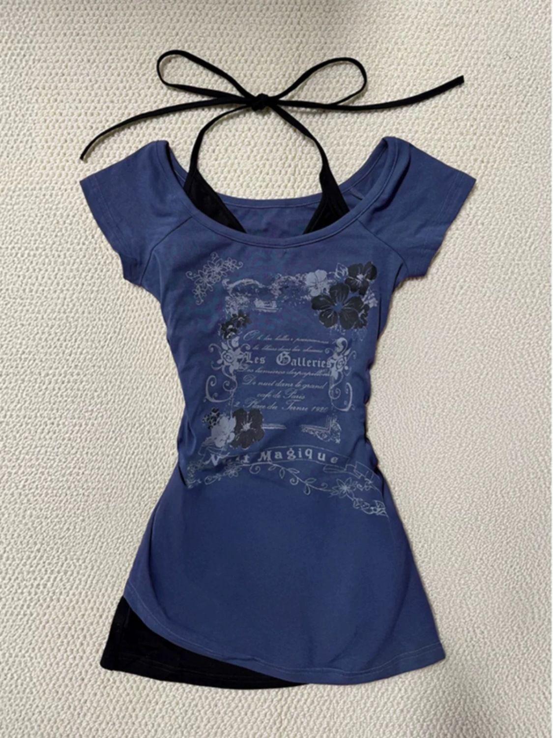 

Женское винтажное голубое летнее платье-двойка с халтером - Приталенное Medium