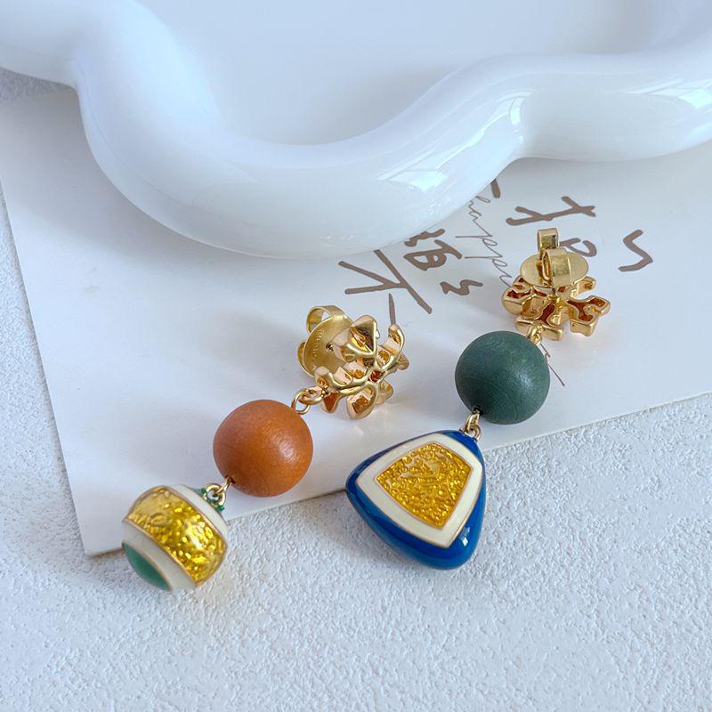 Geometric Asymmetrical Enamel Glaze Wood Pillar Earrings