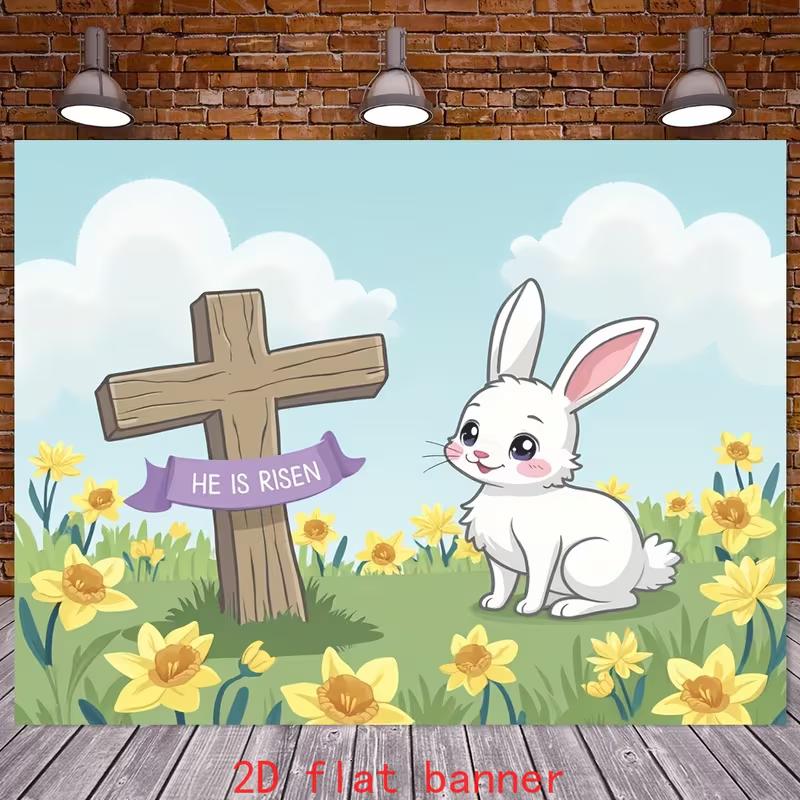 2D Religious Easter Cartoon Bunny Backdrop with Cross and Daffodils for Photoshoot