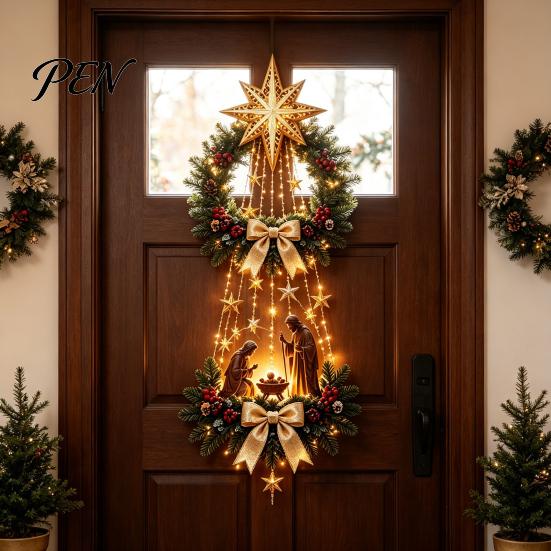 Christmas Wall Decor for Home Lighted Nativity Decor, 3D Gold Bethlehem Scene LED Hanging Light with Decorative Pine Branch Art Warm Glow, Religious